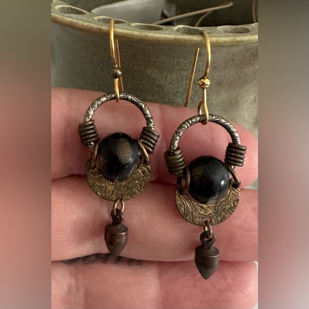 Gold and Black Dangle Earrings French hook tribal style
